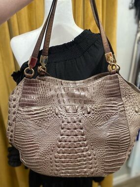 Brahmin Metallic Taupe Croc-Embossed Shoulder Bag